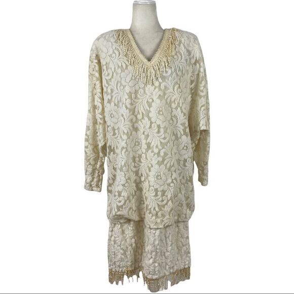 Vintage 80s Damianou Floral Lace Party Draped Dolman Sleeve Dress Medium - Picture 1 of 15